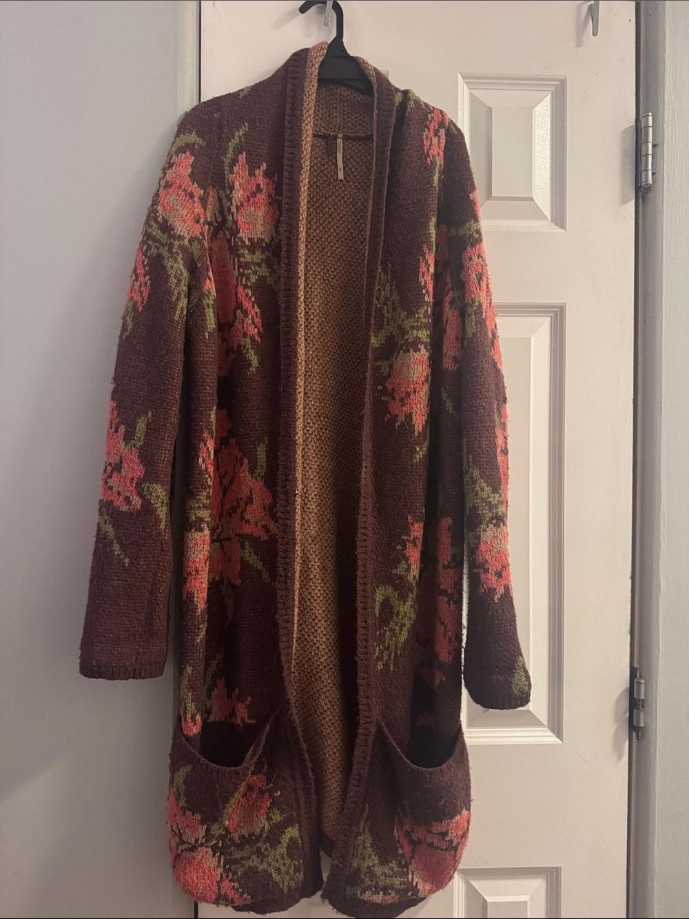 Free People Floral Open-Front Long Cardigan in Brown and Pink